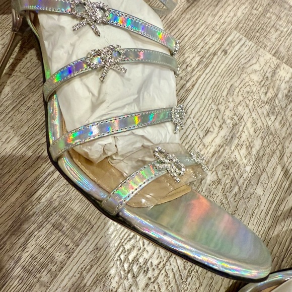 MACH & MACH Camille Silver Strap Heels with Diamanté Bows NWOT - Picture 8 of 13